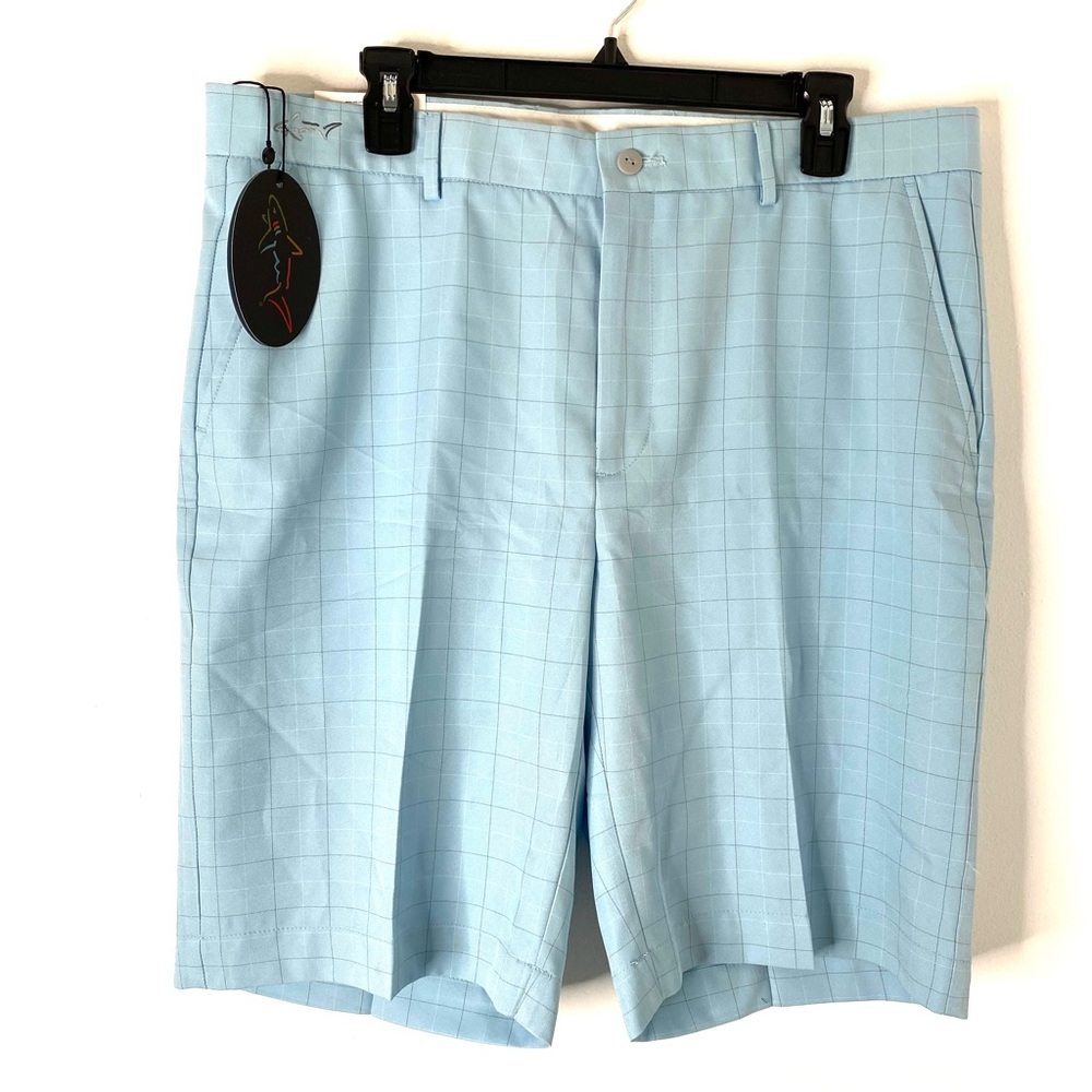Greg Norman Light Blue Grey Plaid Shorts NWT